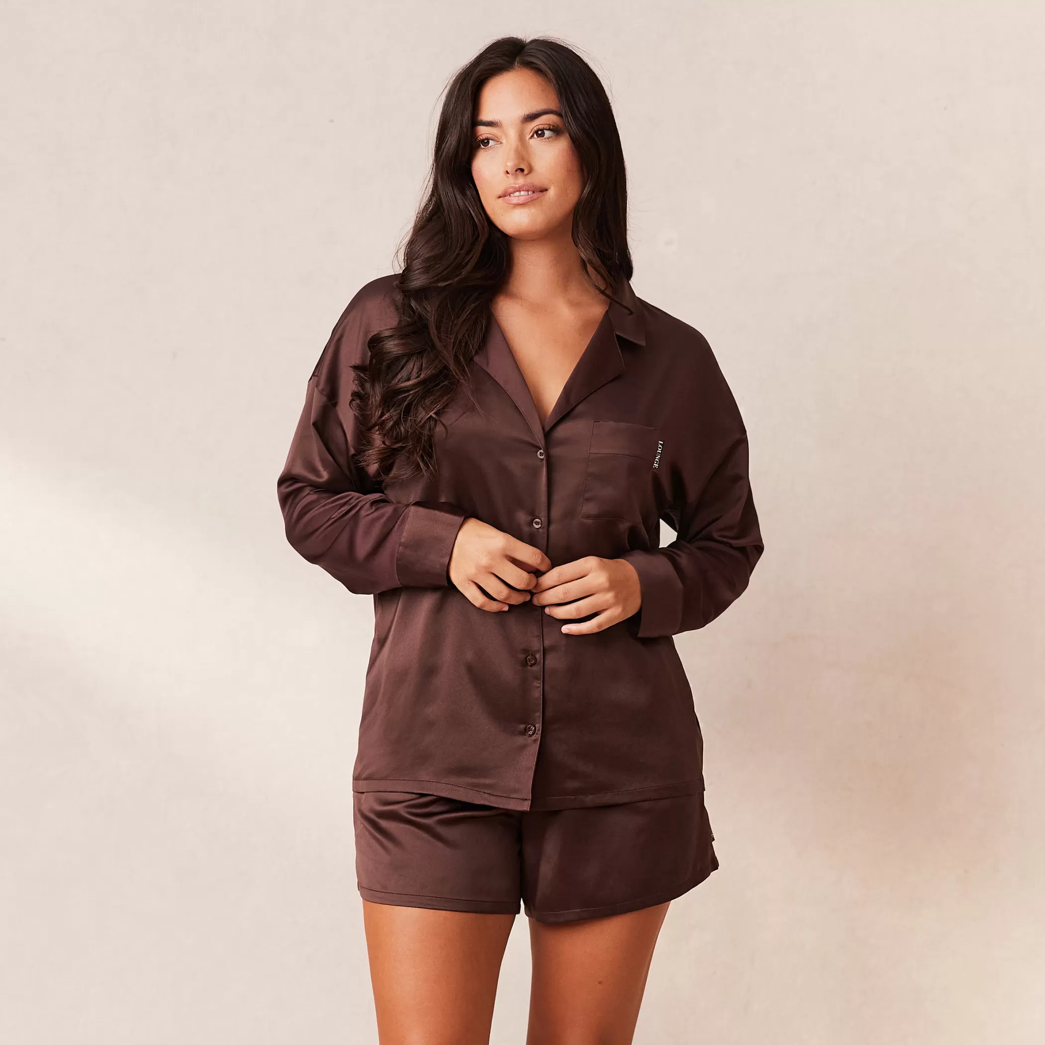 Satin | Tops | Lounge Classic Satin Pajama Shirt - Chocolate