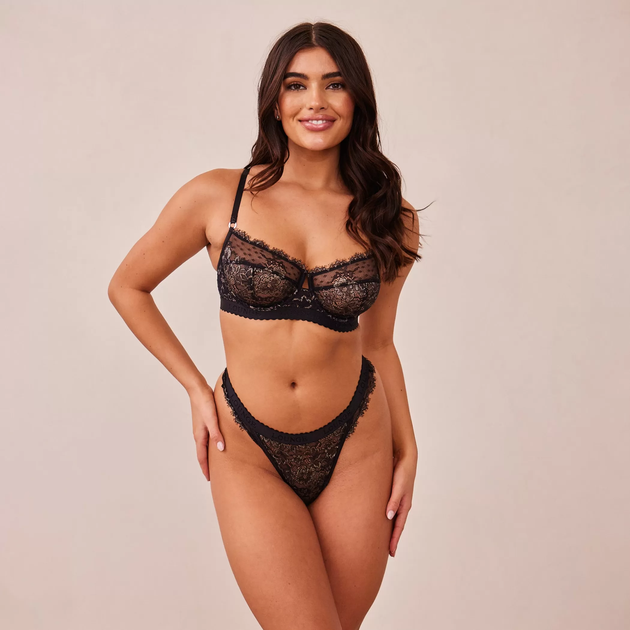 Lace | Black Bras | Lounge Desire Balcony Bra & Thong/Briefs Set - Black