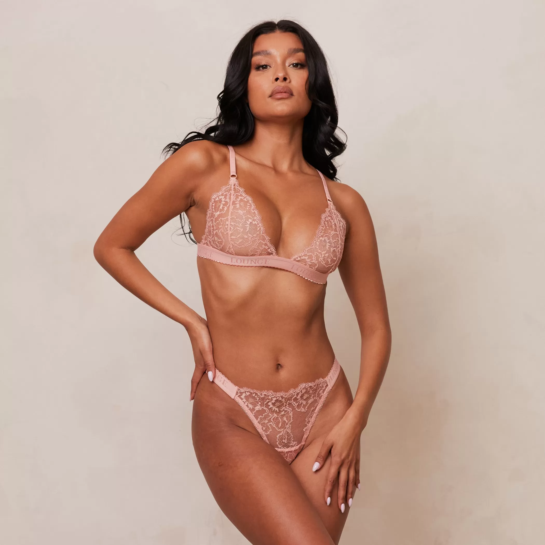Lace | Triangle | Lounge Embroidered Triangle Bra & Thong Set - Pink