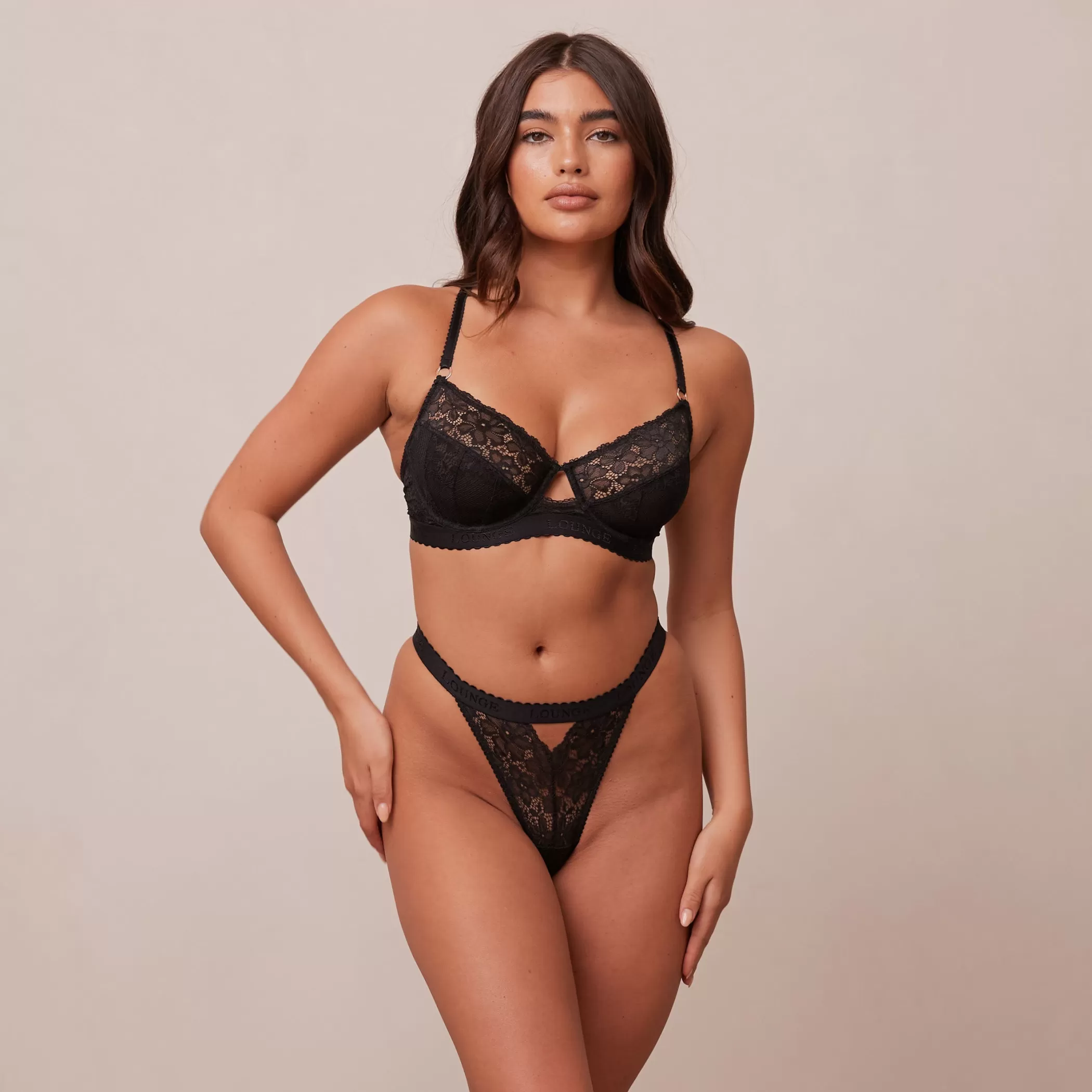 Lace | Black Bras | Lounge Flair Balcony Bra & Thong/Briefs Set - Black