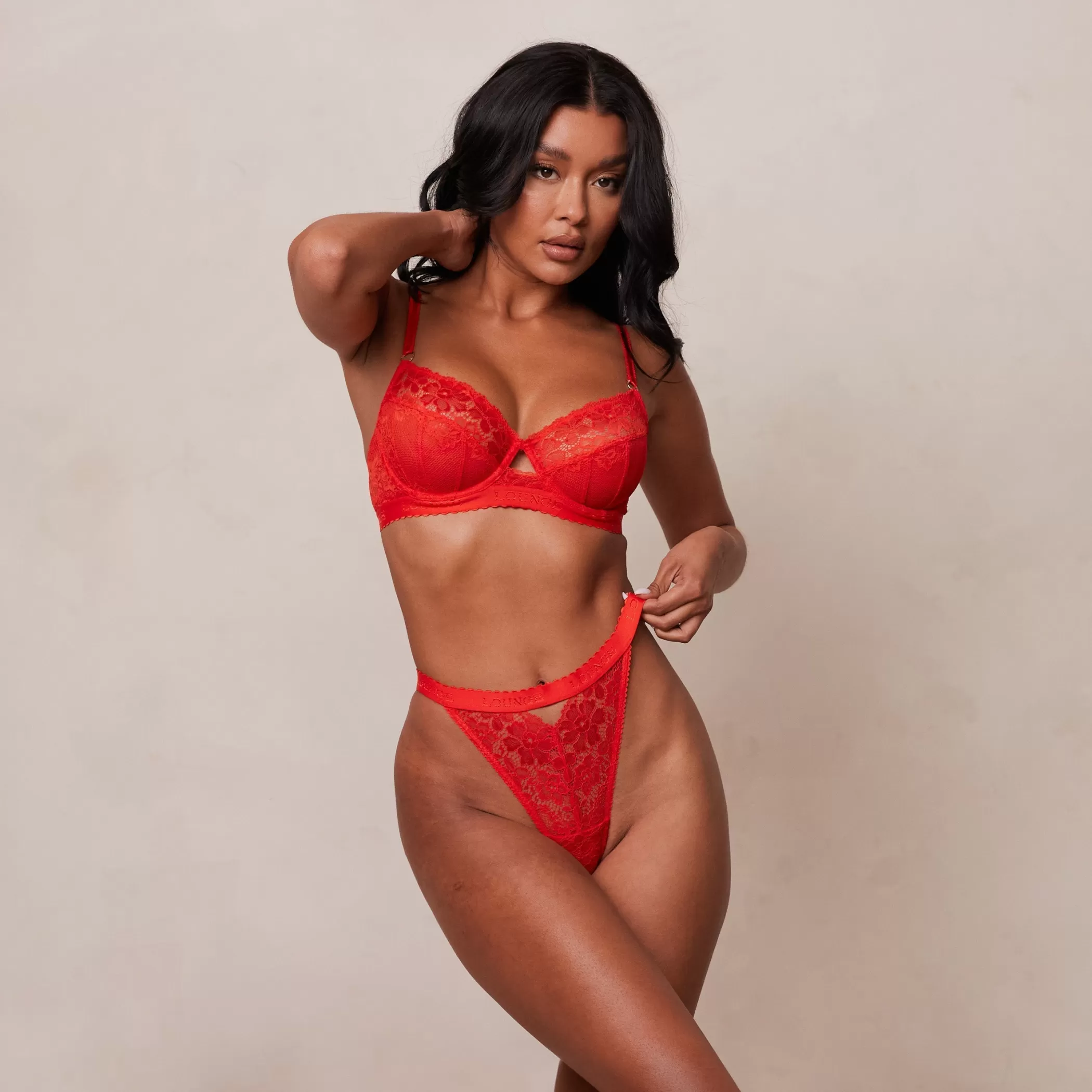Lace | Balcony | Lounge Flair Balcony Bra & Thong/Briefs Set - Red