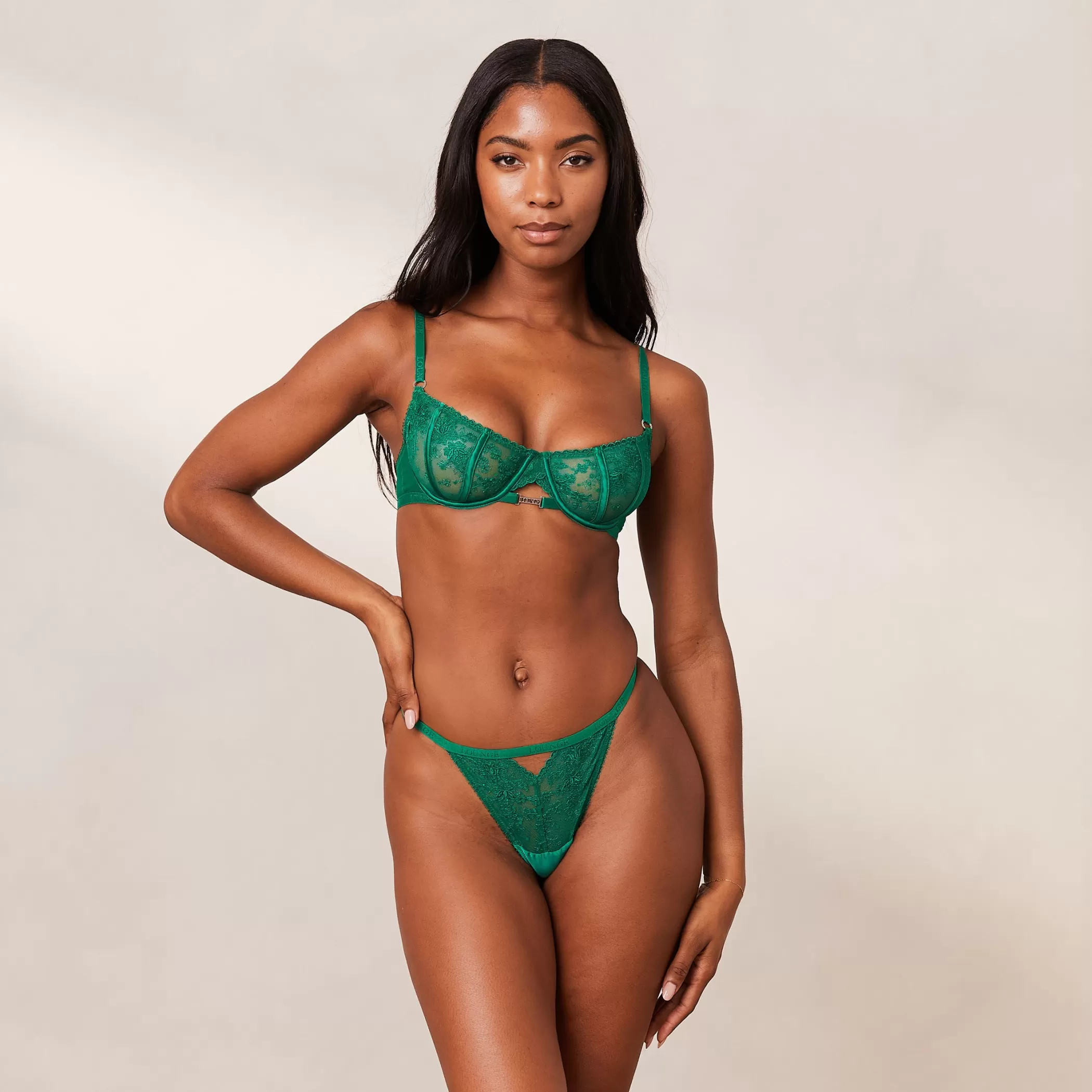 Lace | Lounge Flirt Balcony Bra & G-string/Briefs Set - Emerald