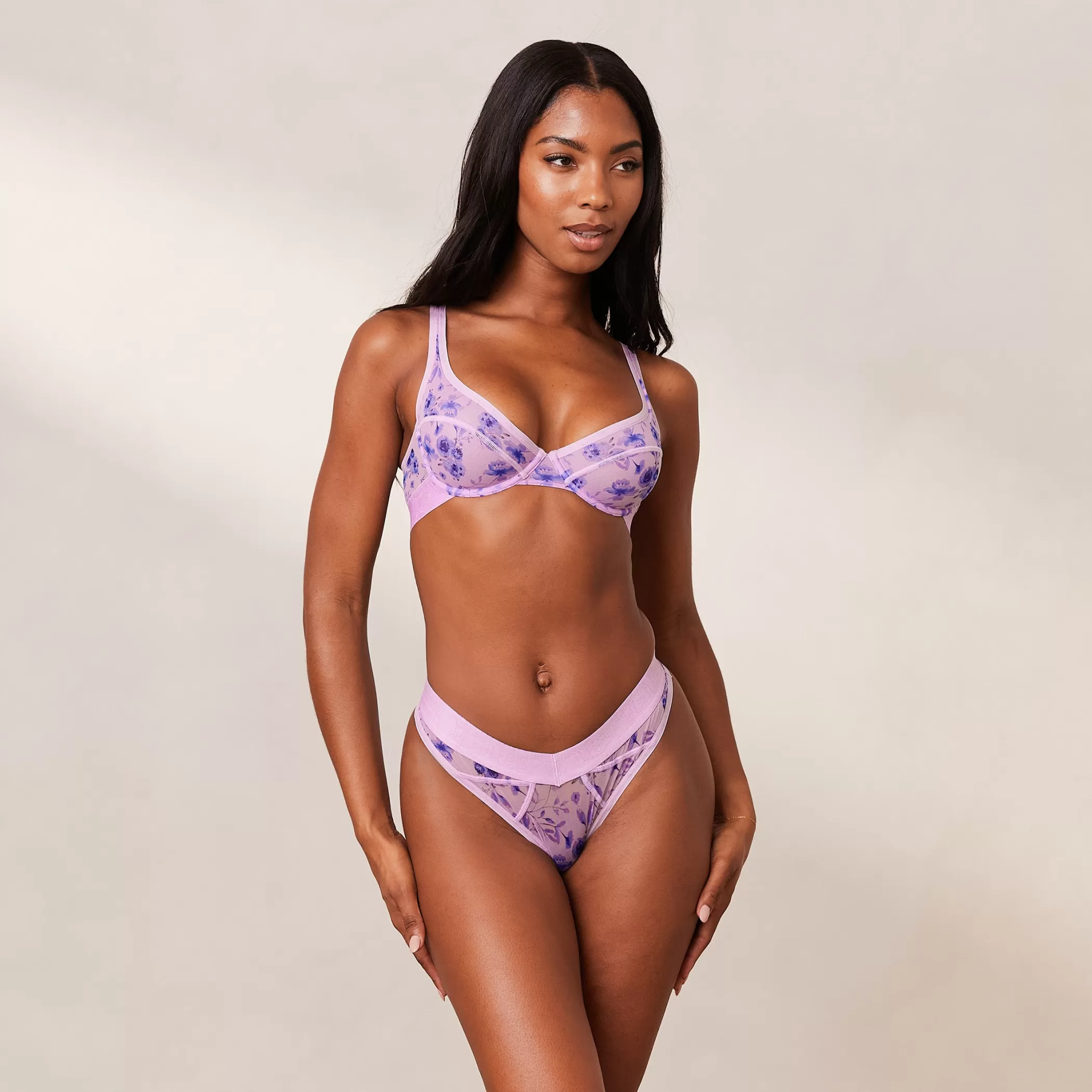 Bras | Lounge Floral Mesh Balcony Bra & Thong Set - Lilac