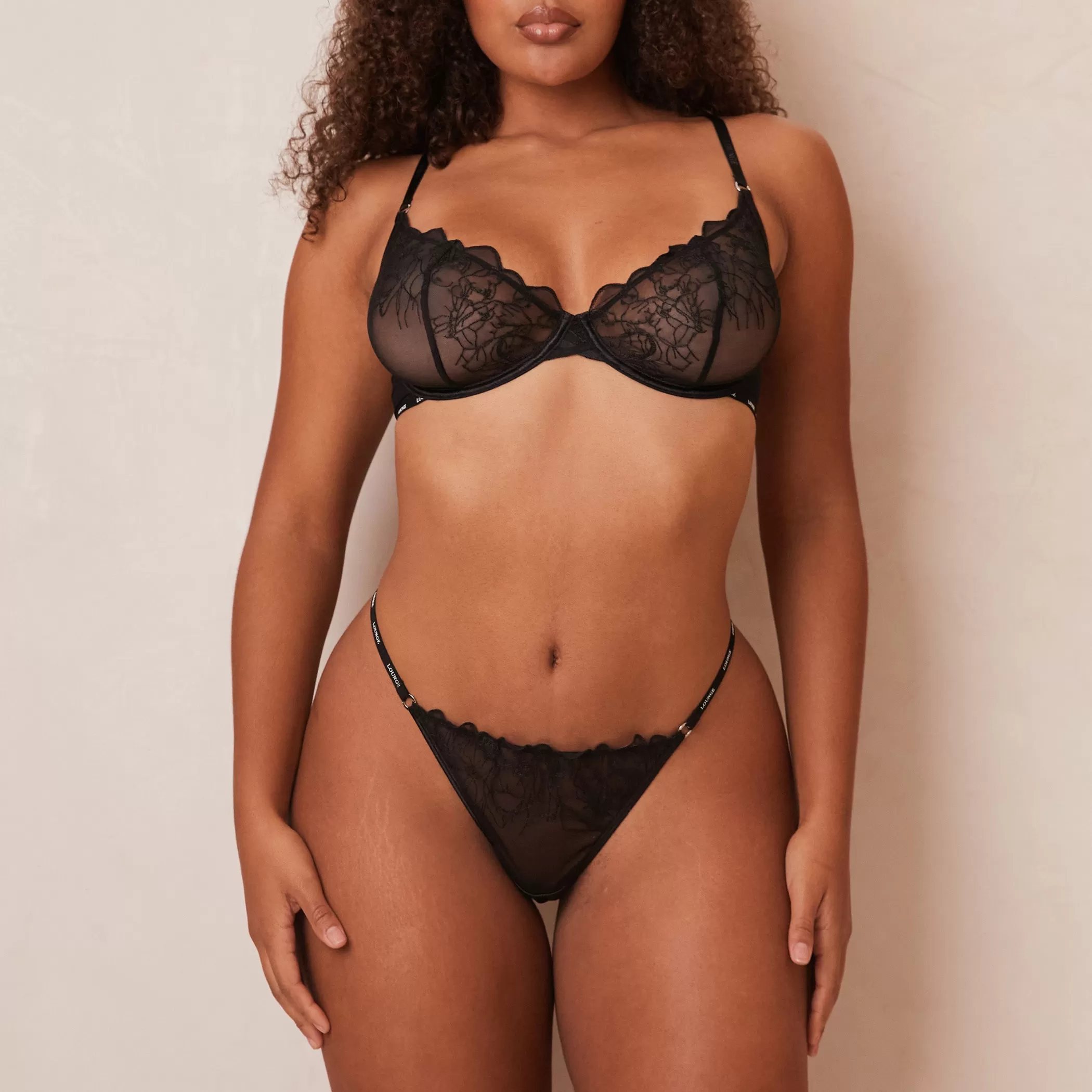 Bras | Lounge Illustration Balcony Bra & Thong/Briefs Set - Black