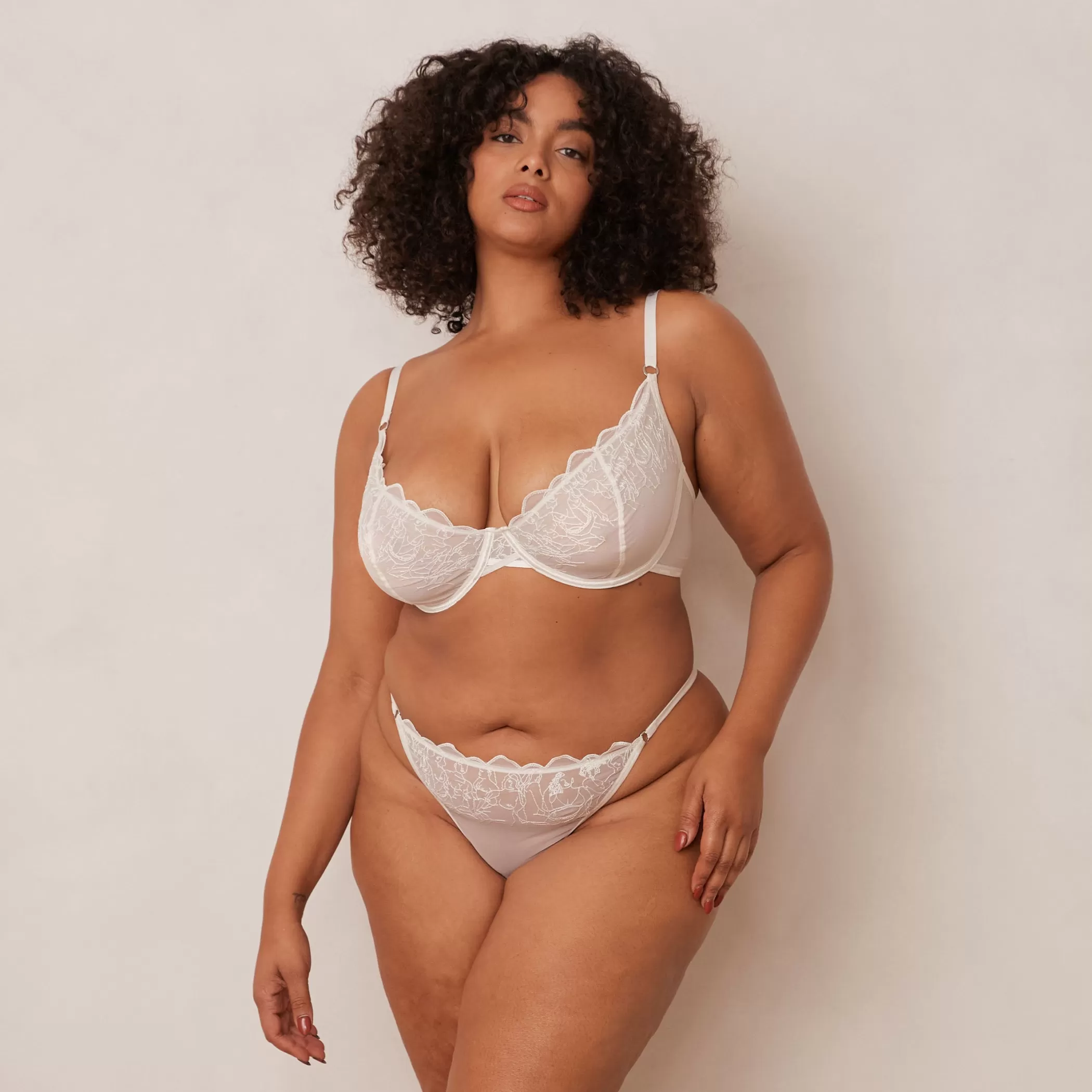 Bras | Lounge Illustration Balcony Bra & Thong/Briefs Set - Pearl