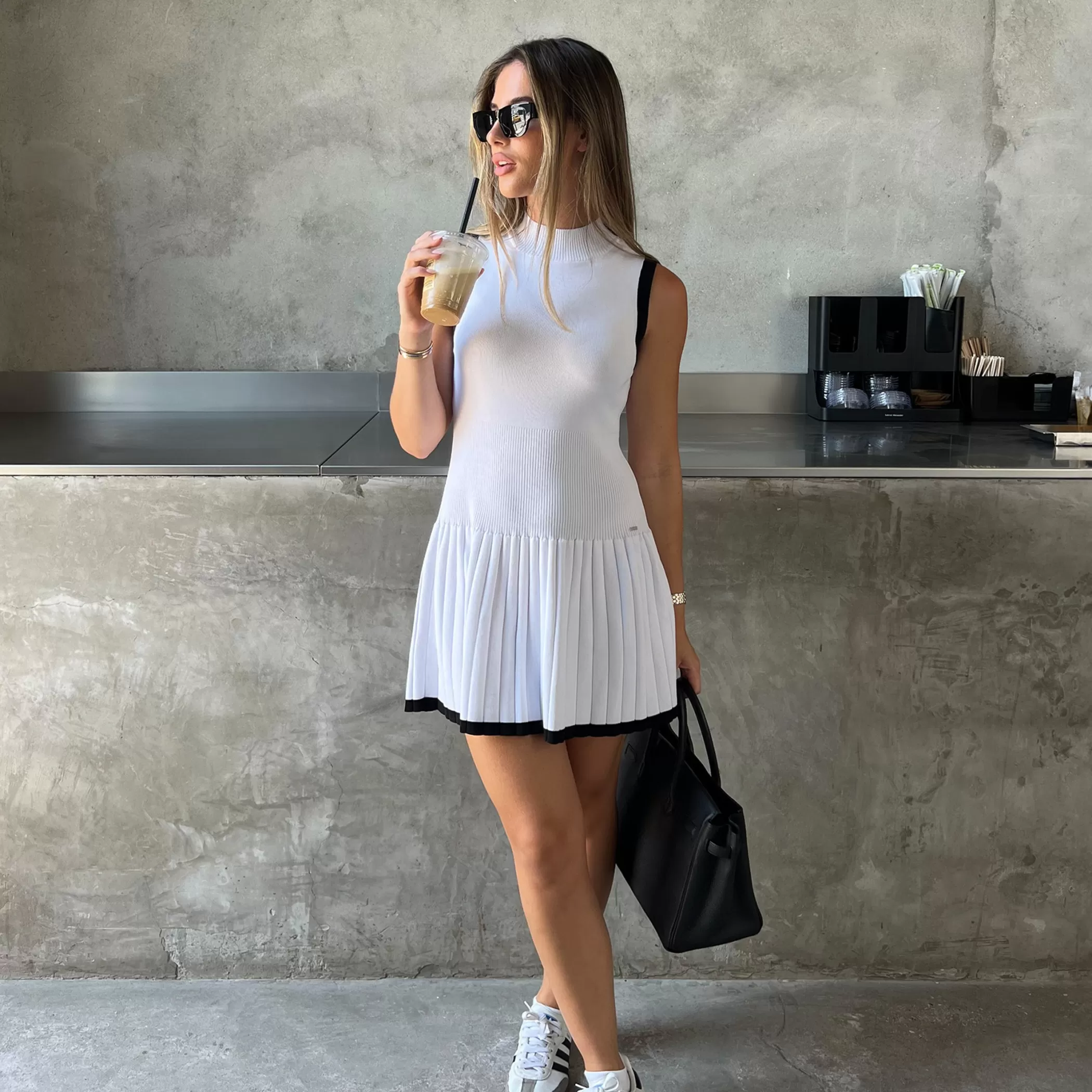Lounge Knit | Dresses & Skirts | Lounge Knitted High Neck Pleated Dress - Off White OffWhite