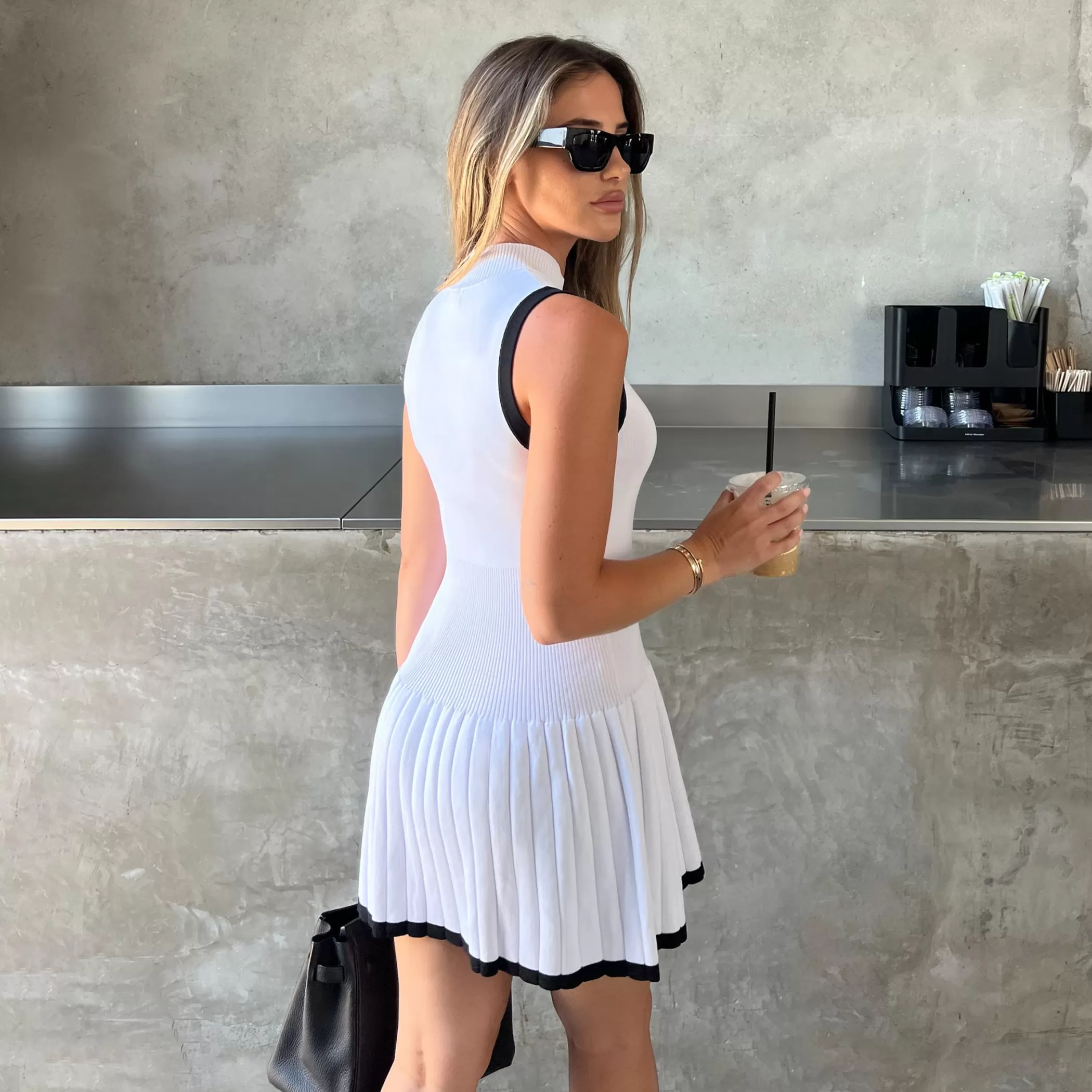 Lounge Knit | Dresses & Skirts | Lounge Knitted High Neck Pleated Dress - Off White OffWhite
