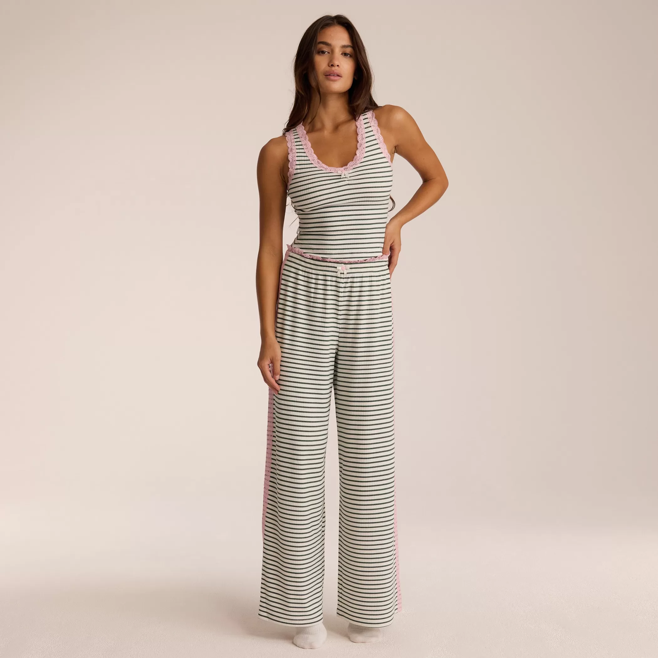 Breakfast Club | Bottoms | Lounge Lace Pajama Pants - Green Stripe GreenStripe