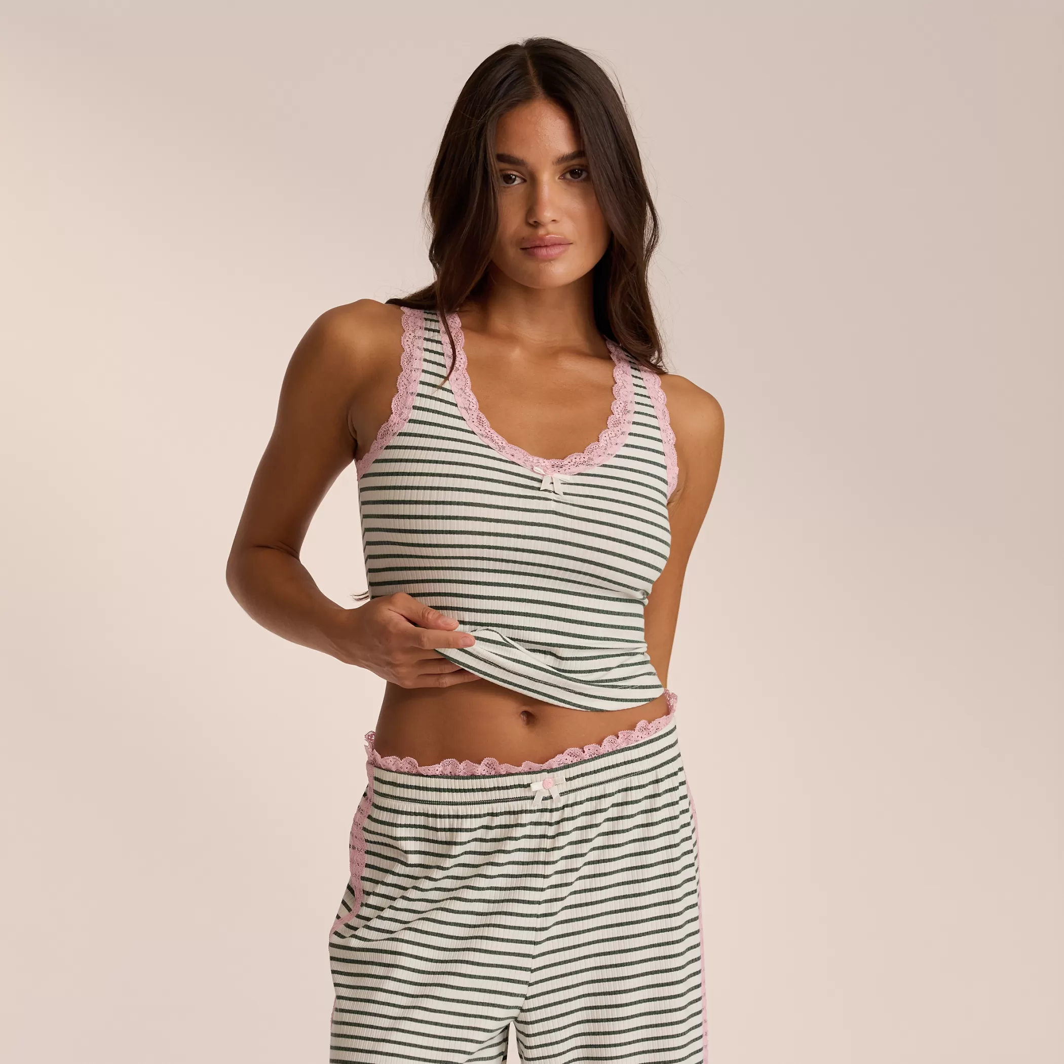 Breakfast Club | Tops | Lounge Lace Vest Pajama Top - Green Stripe GreenStripe