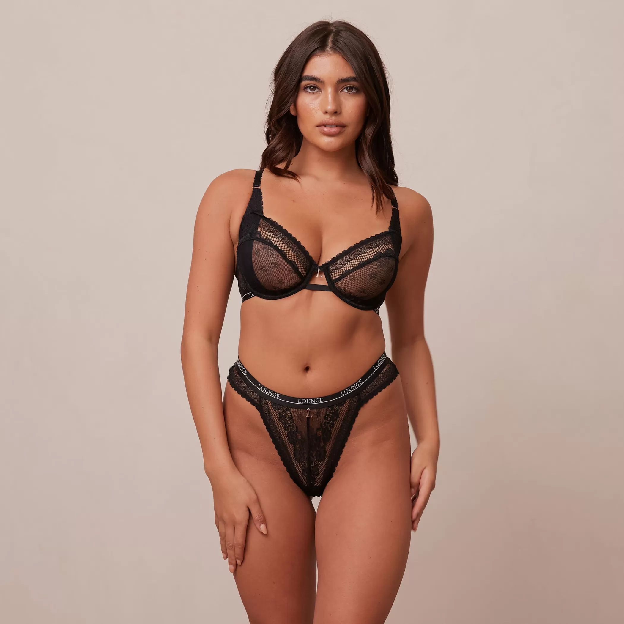 Lace | Black Bras | Lounge Liberty Balcony Bra & Thong/Briefs Set - Black