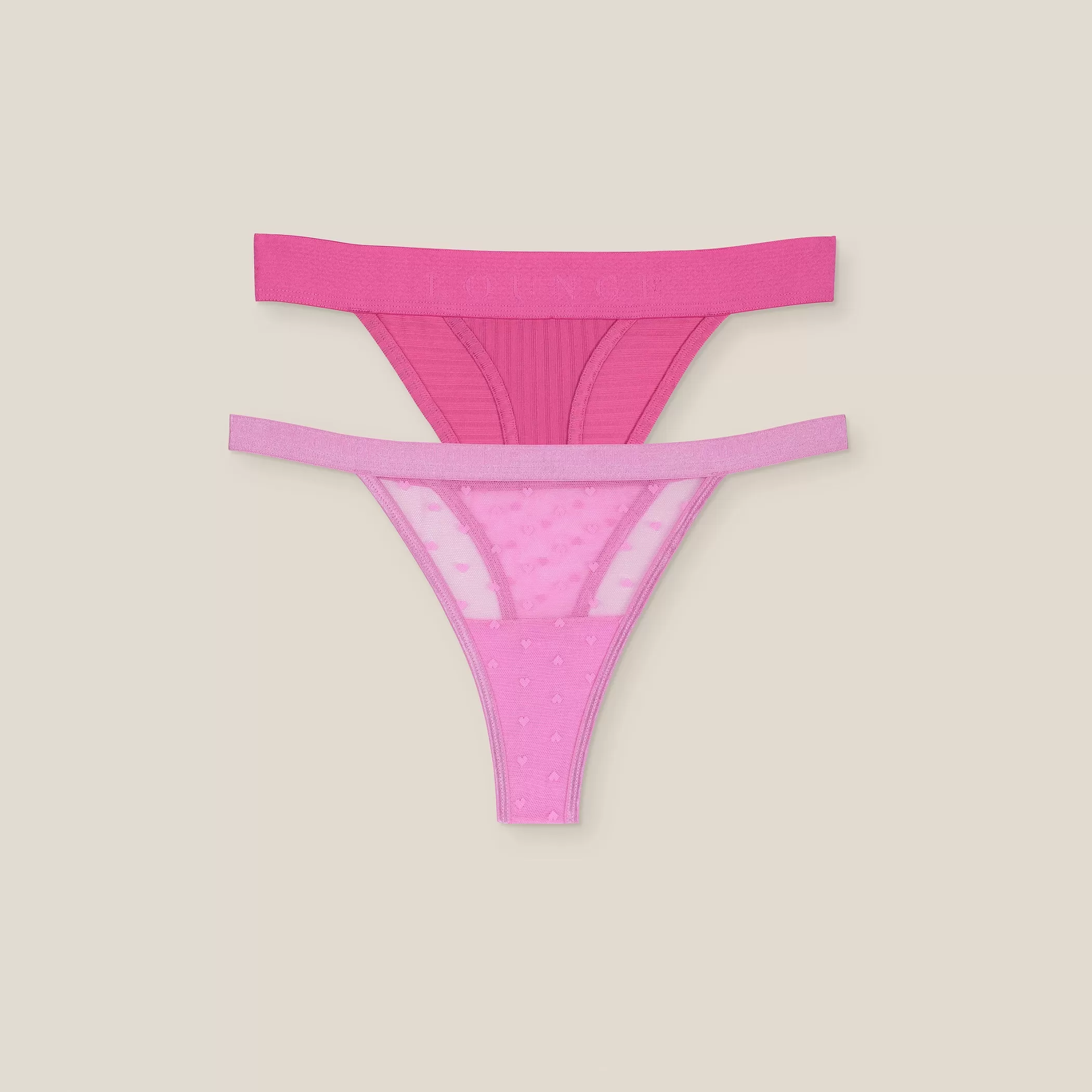 Panties | Lounge Limited Edition Love Heart/Bare Mesh Thong (2Pack) - Pink