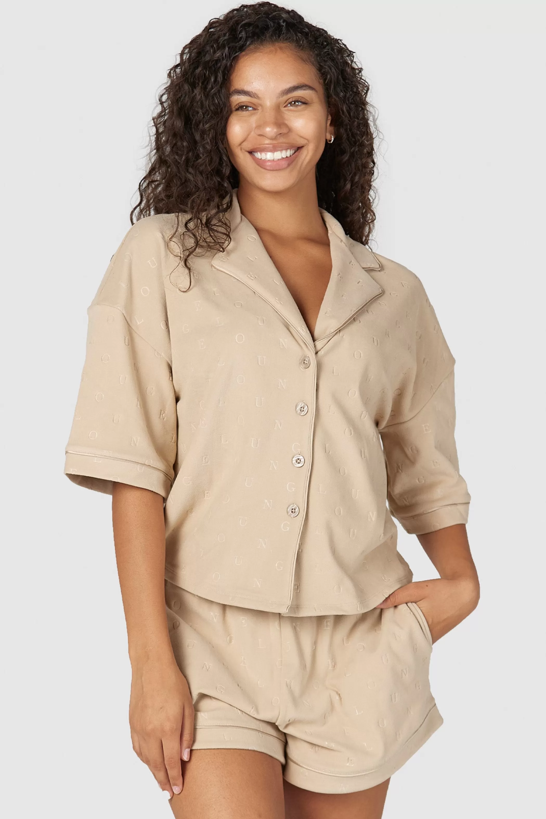 Sleep | Lounge Luxury Embossed Pajama Shirt - Mink