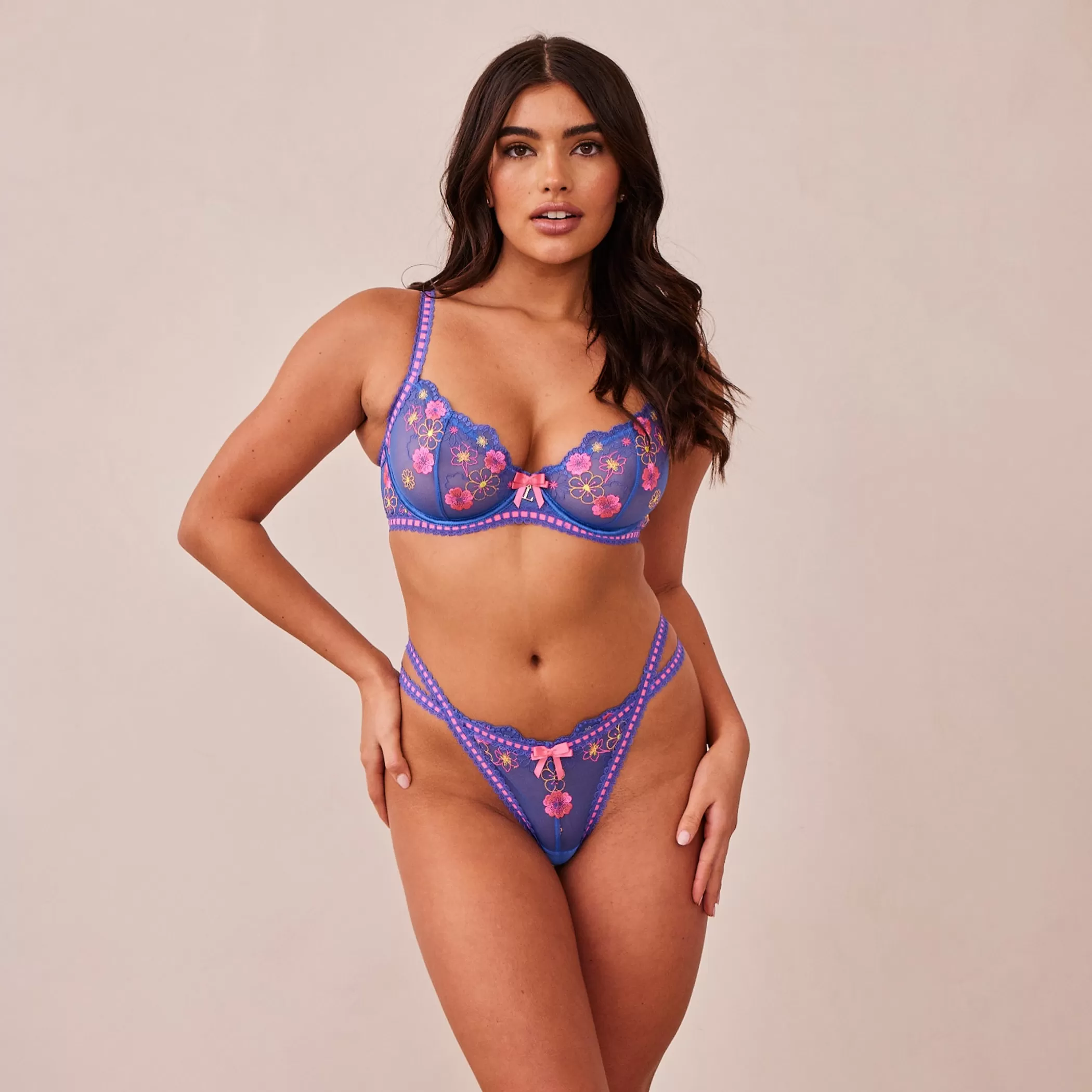 Balcony | Wired | Lounge Neon Balcony Bra & Thong Set - Blue