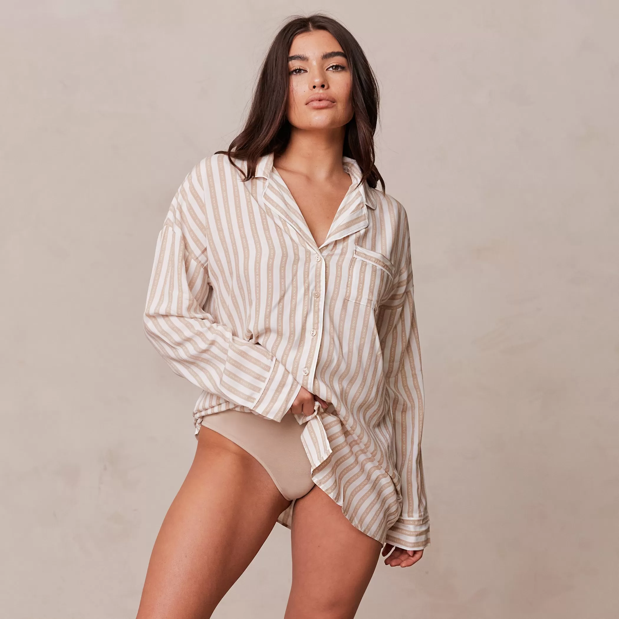 Sleep | Lounge Pinstripe Oversized Pajama Shirt - Mink