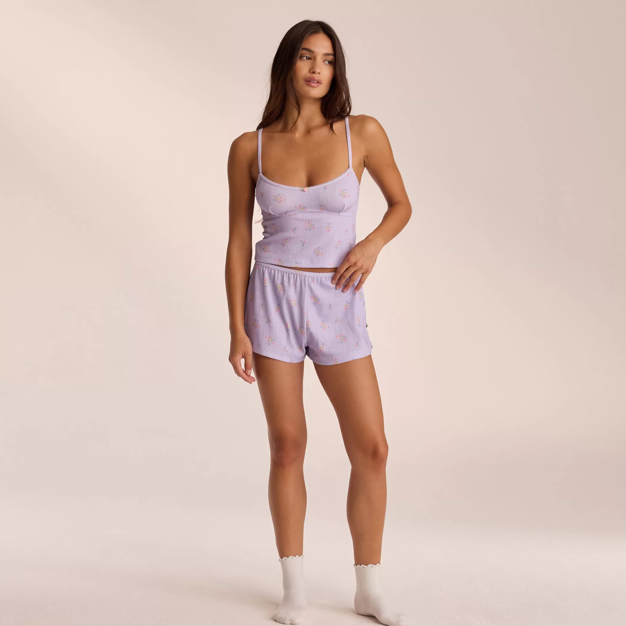 Breakfast Club | Bottoms | Lounge Pointelle Pajama Shorts - Lilac Floral LilacFloral
