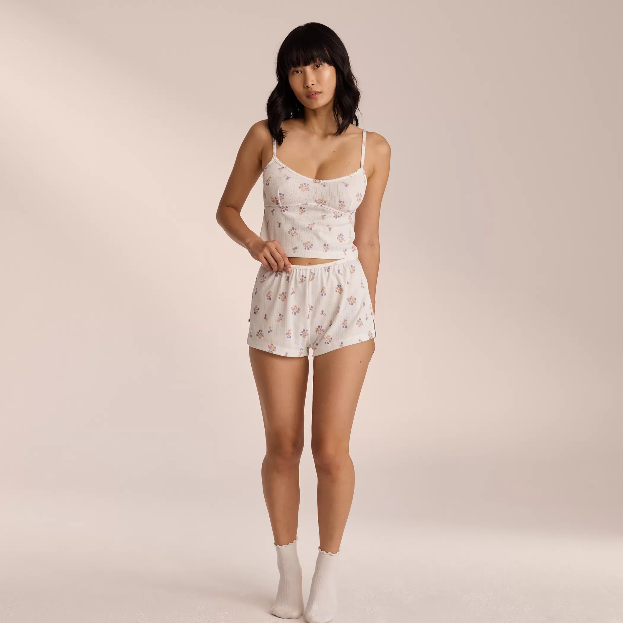 Breakfast Club | Bottoms | Lounge Pointelle Pajama Shorts - White Floral WhiteFloral