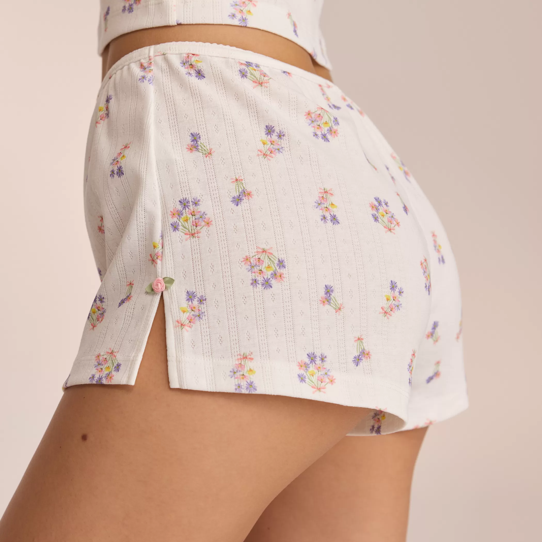 Breakfast Club | Bottoms | Lounge Pointelle Pajama Shorts - White Floral WhiteFloral