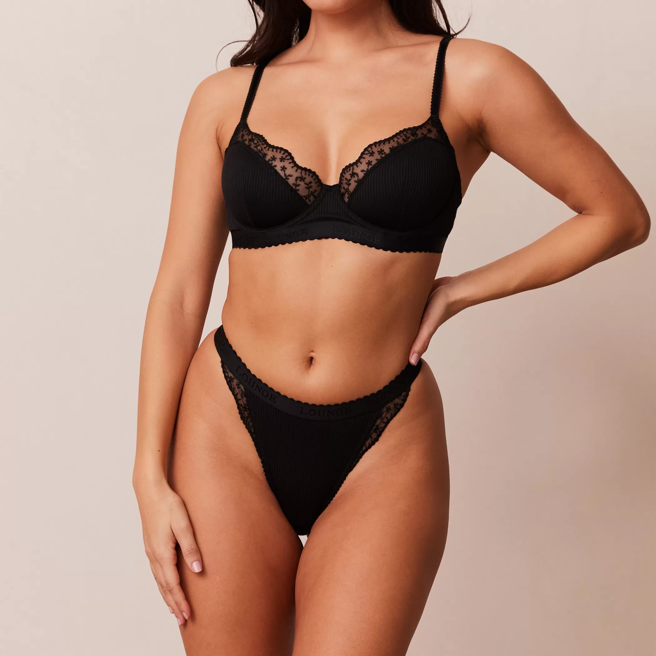 Solutions | Balcony | Lounge Ribbed Balcony Bra & Thong/Briefs Set - Black
