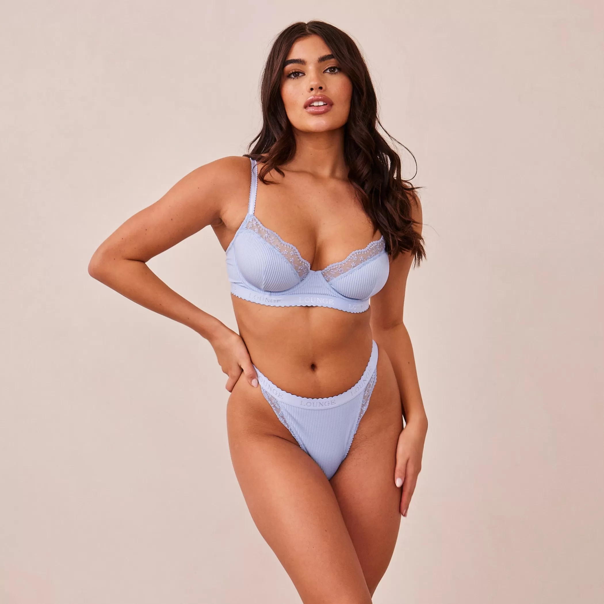 Bridal | Balcony | Lounge Ribbed Balcony Bra & Thong/Briefs Set - Blue