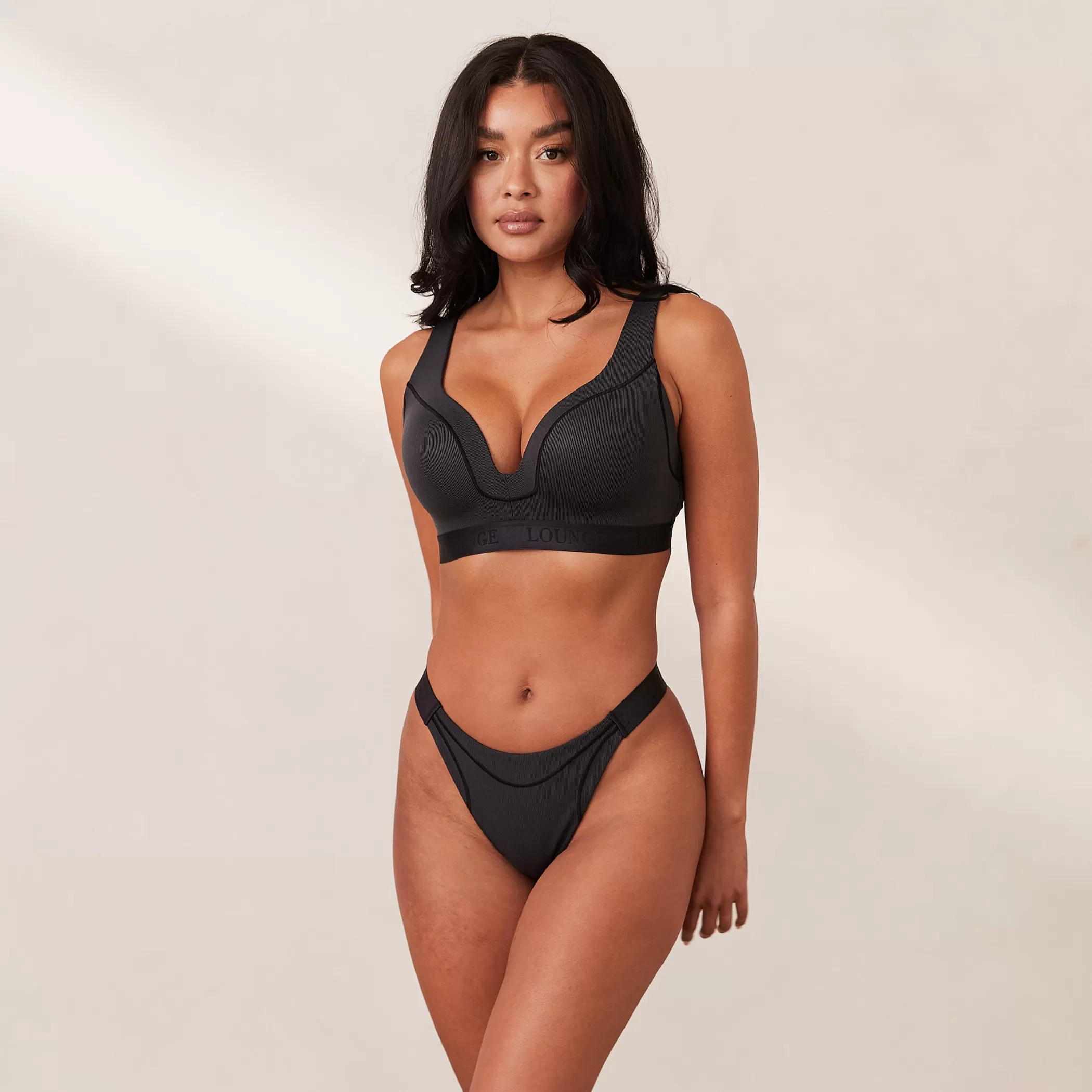 Solutions | T-shirt Bras | Lounge Ribbed Mindful Bra & Thong/Briefs Set - Black