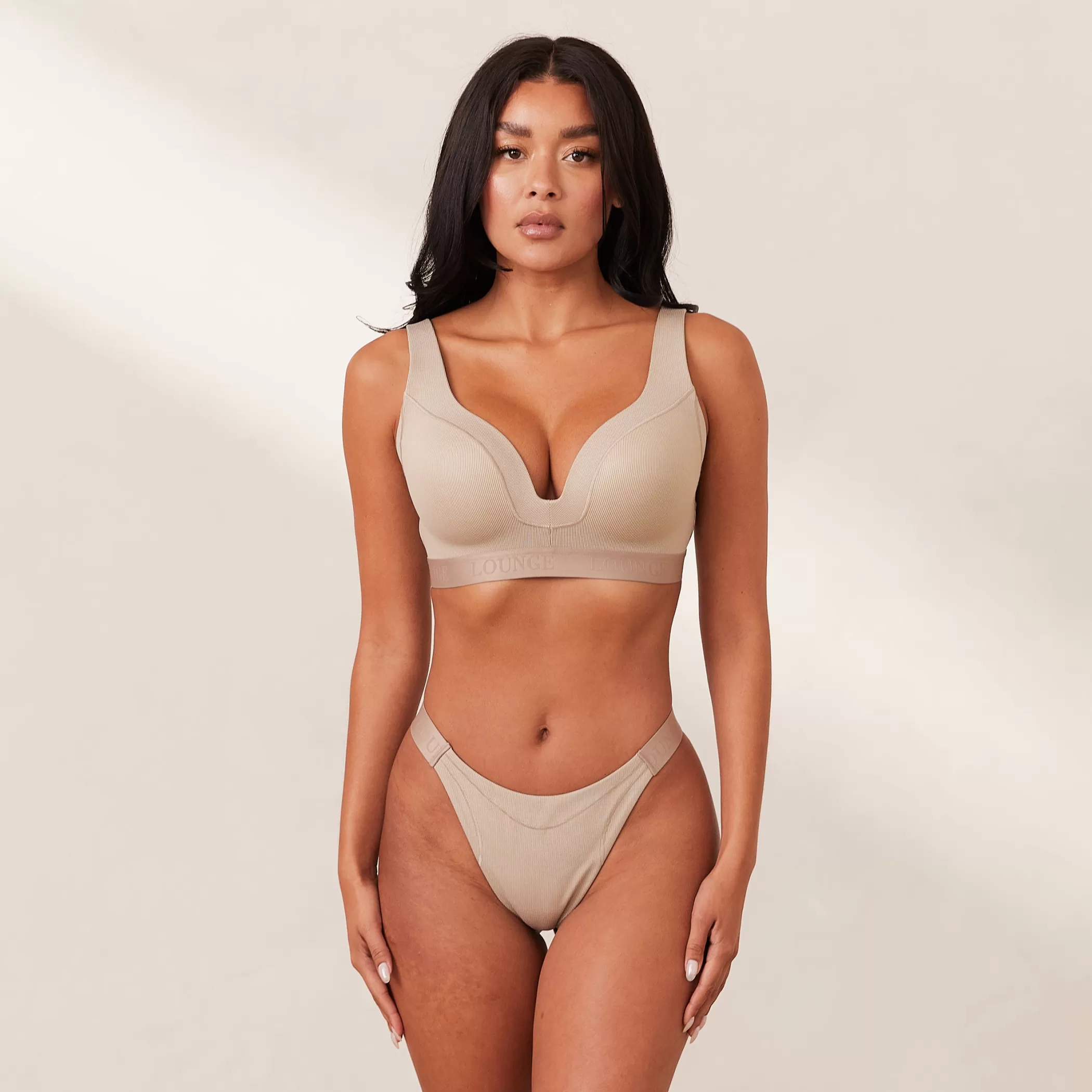 Solutions | T-shirt Bras | Lounge Ribbed Mindful Bra & Thong/Briefs Set - Mink