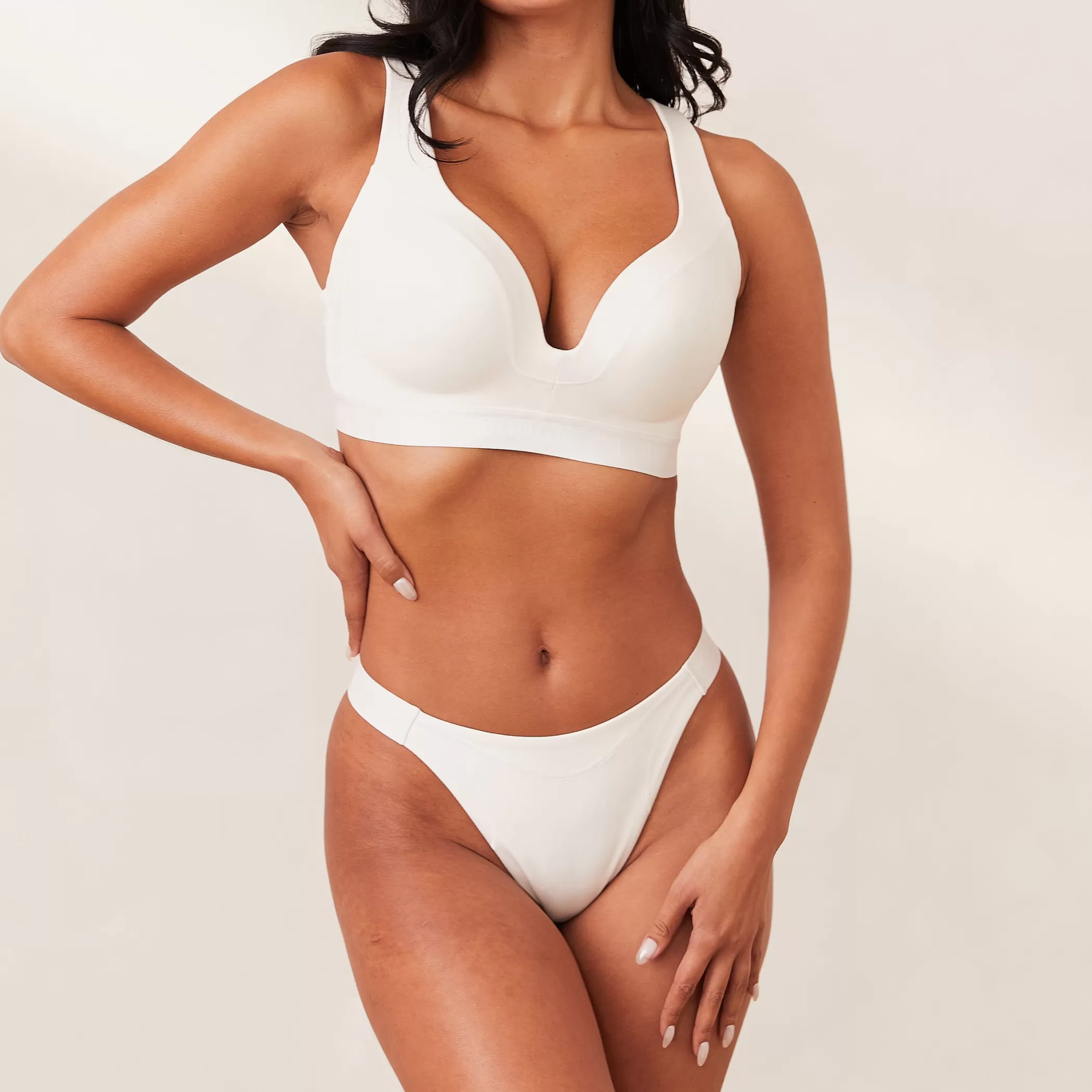 Solutions | T-shirt Bras | Lounge Ribbed Mindful Bra & Thong/Briefs Set - White