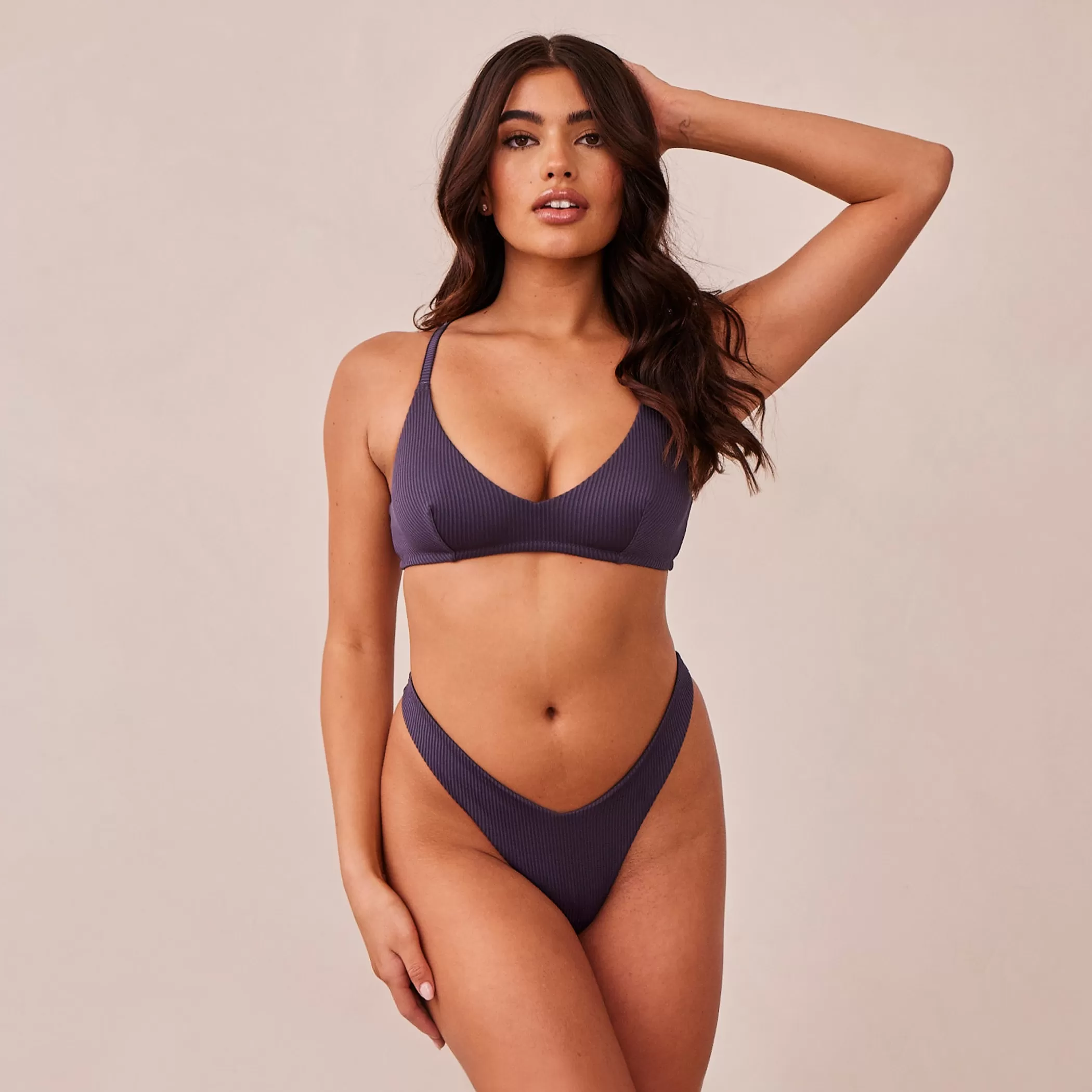 Triangle | Wireless | Lounge Ribbed Triangle Bra & Thong/Briefs Set - Charcoal Blue CharcoalBlue