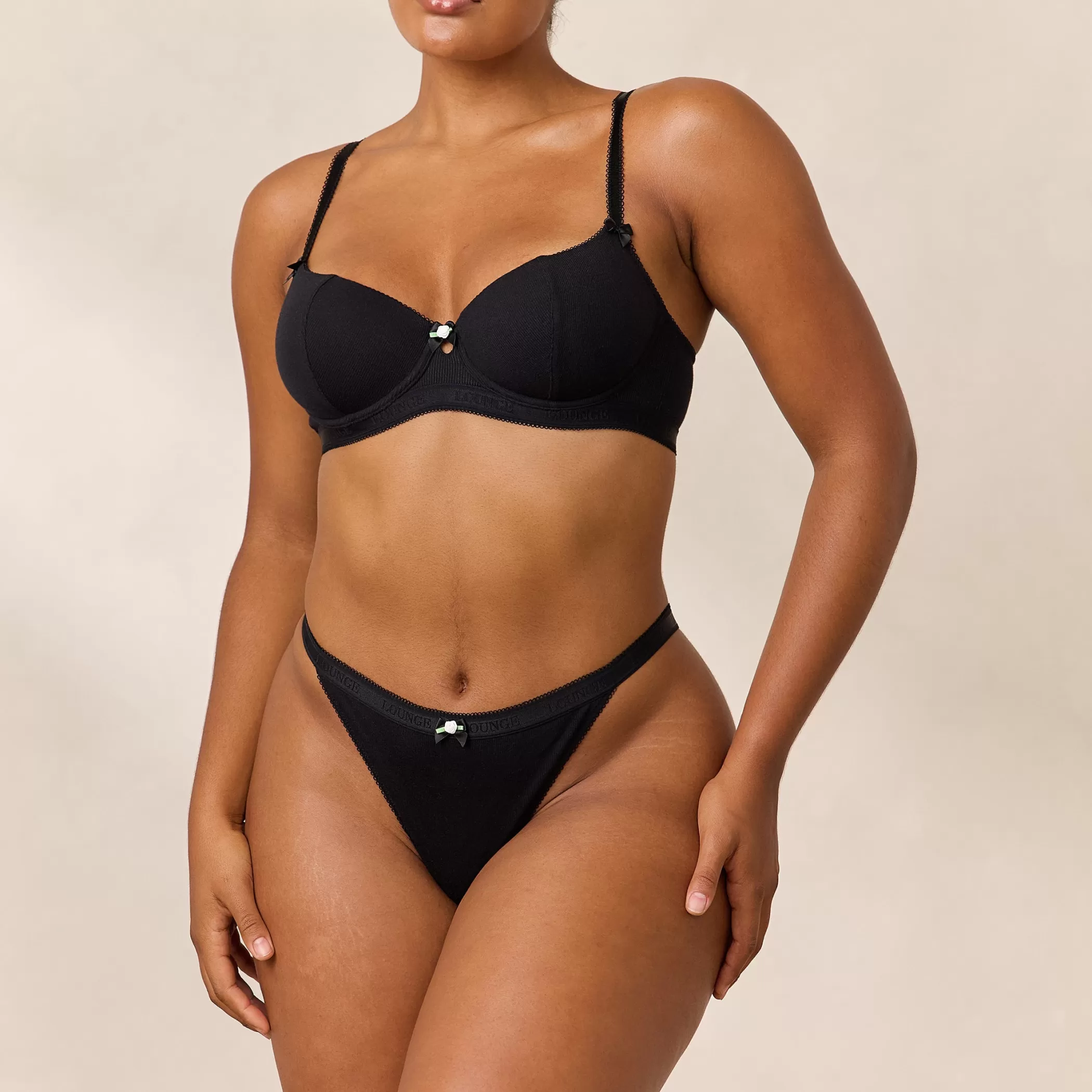 Lingerie | Lounge Rosebud Ribbed Balcony Bra - Black