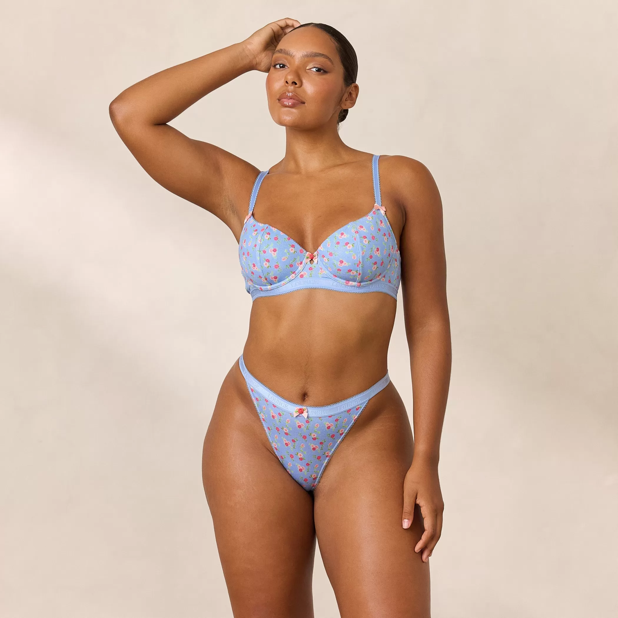 Lingerie | Everyday | Lounge Rosebud Ribbed Balcony Bra - Blue Floral BlueFloral