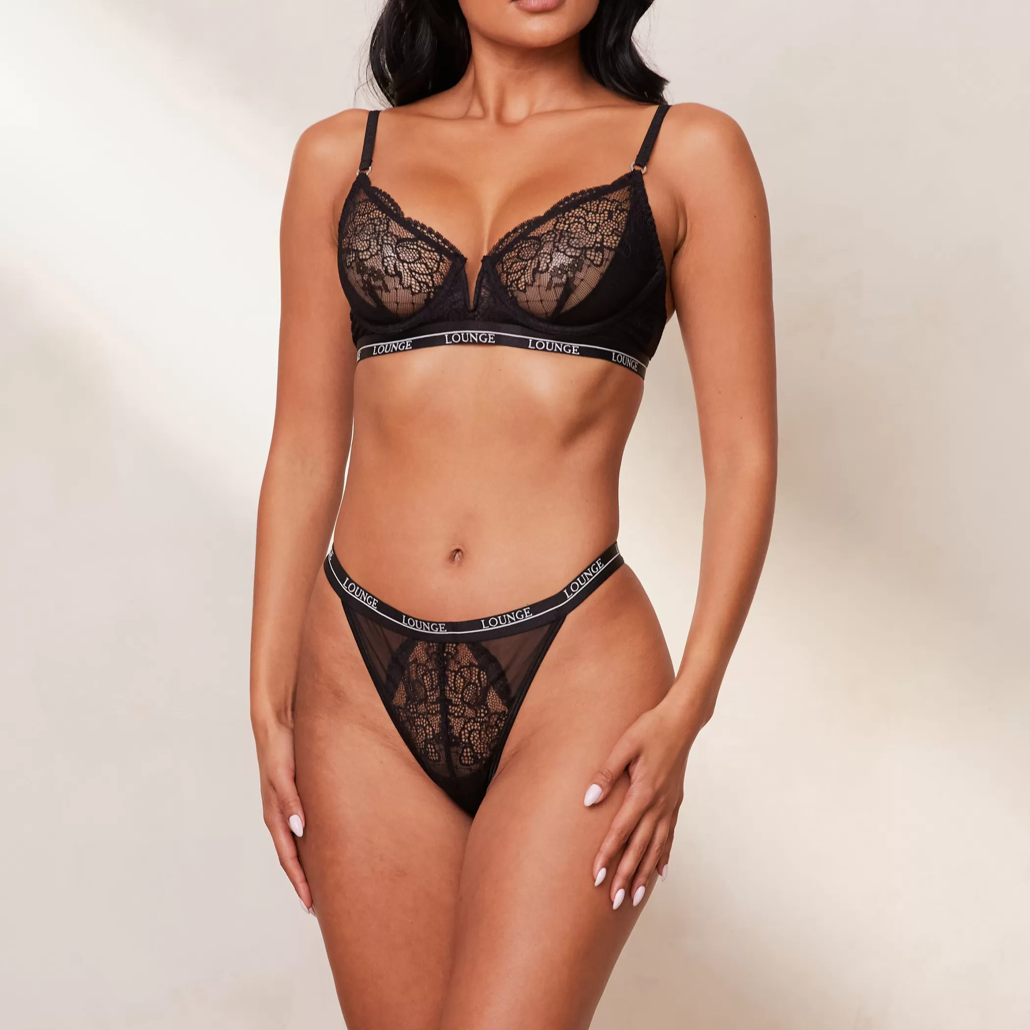 Lace | Black Bras | Lounge Royal Balcony Bra & Thong Set - Black