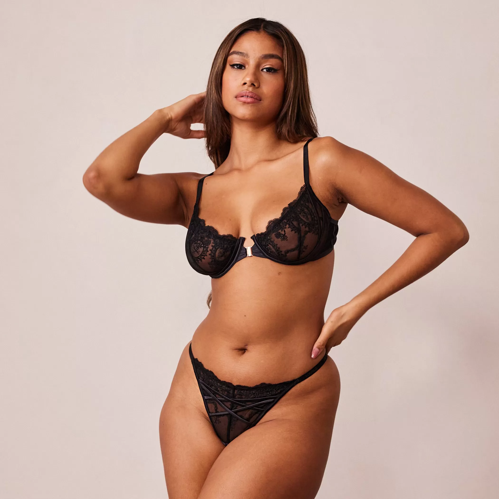 Lace | Black Bras | Lounge Seduce Balcony Front Fastening Bra & Thong/Briefs Set - Black