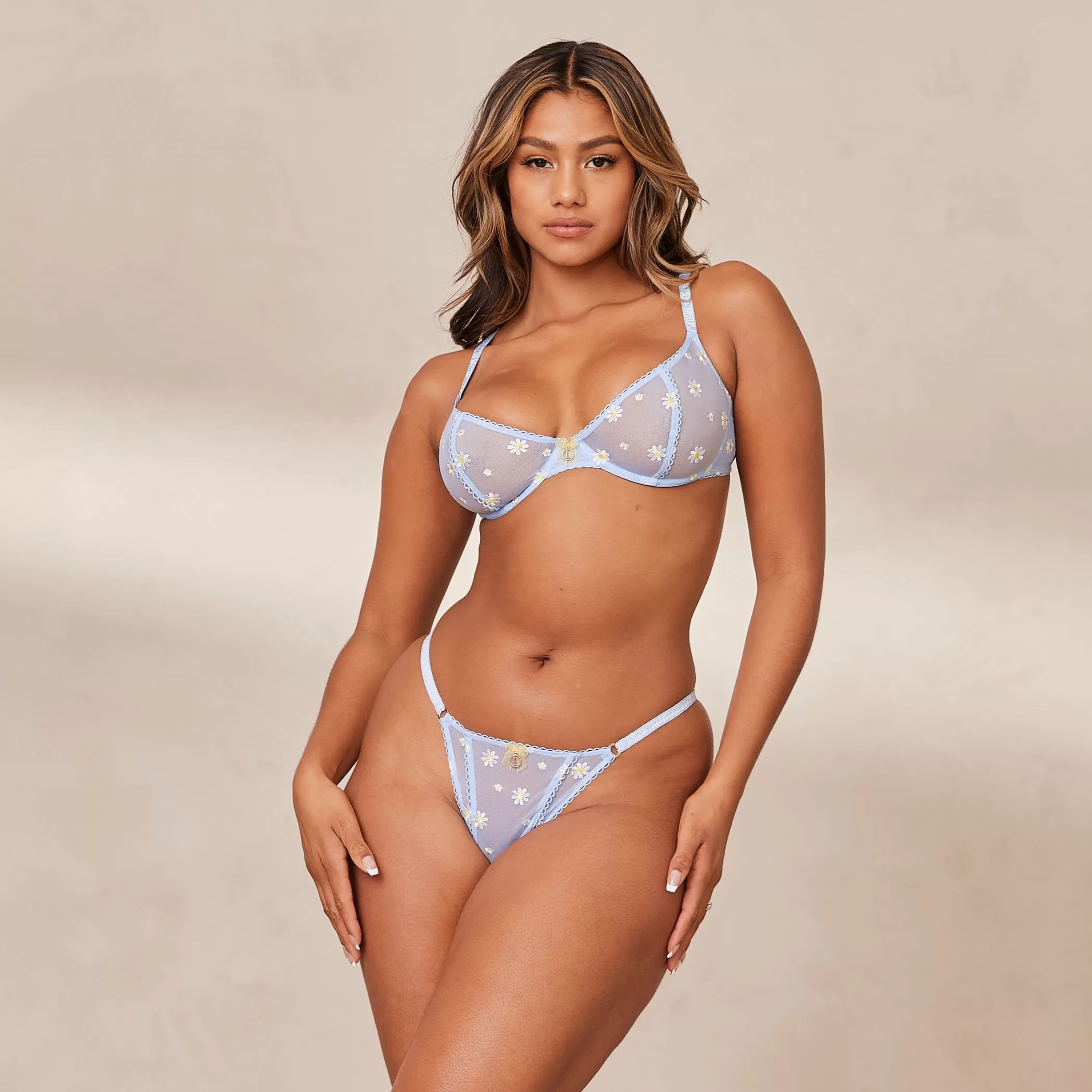 Balcony | Bestsellers | Lounge Sheer Floral Balcony Bra & Thong Set - Blue