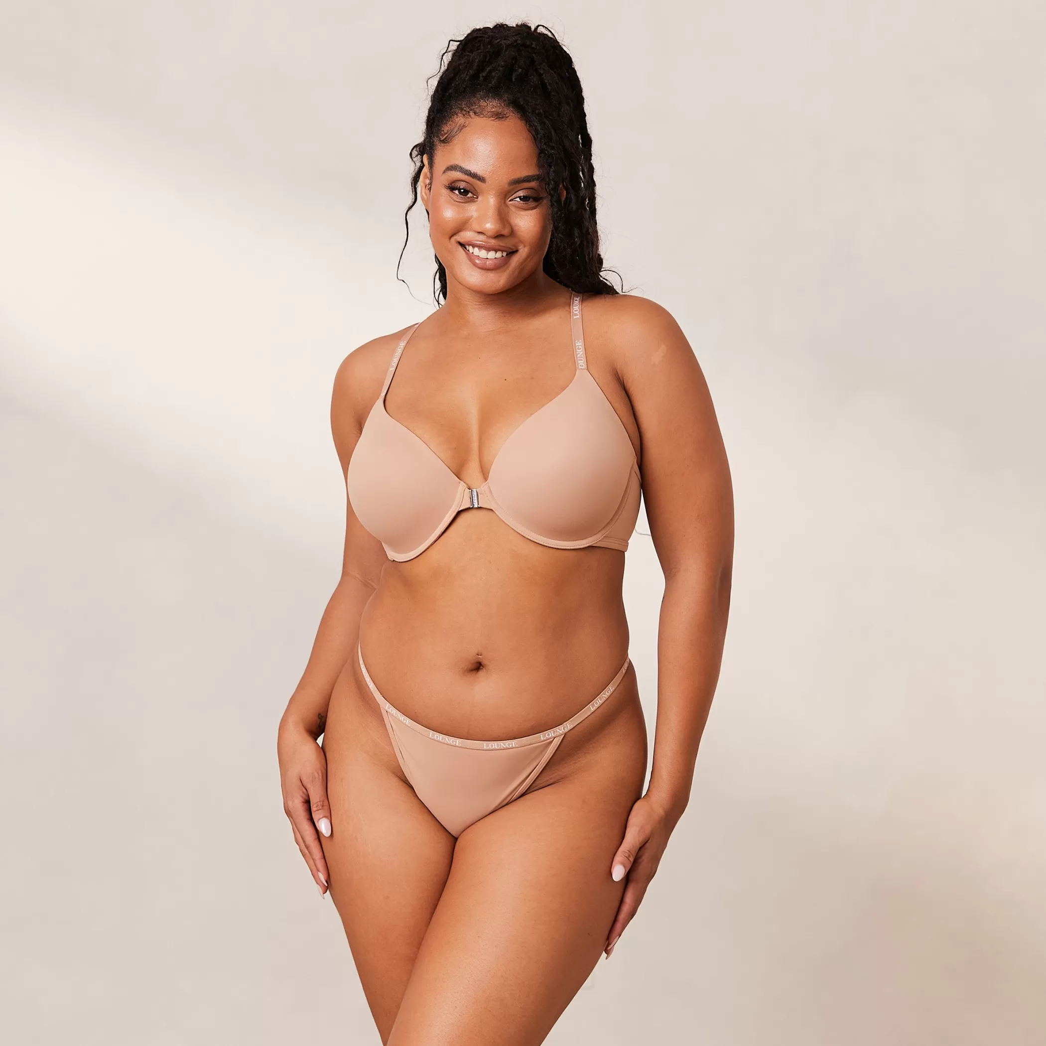 T-shirt Bras | Padded | Lounge Smooth Front Fastening T-shirt Bra & Thong/Briefs Set - Honey