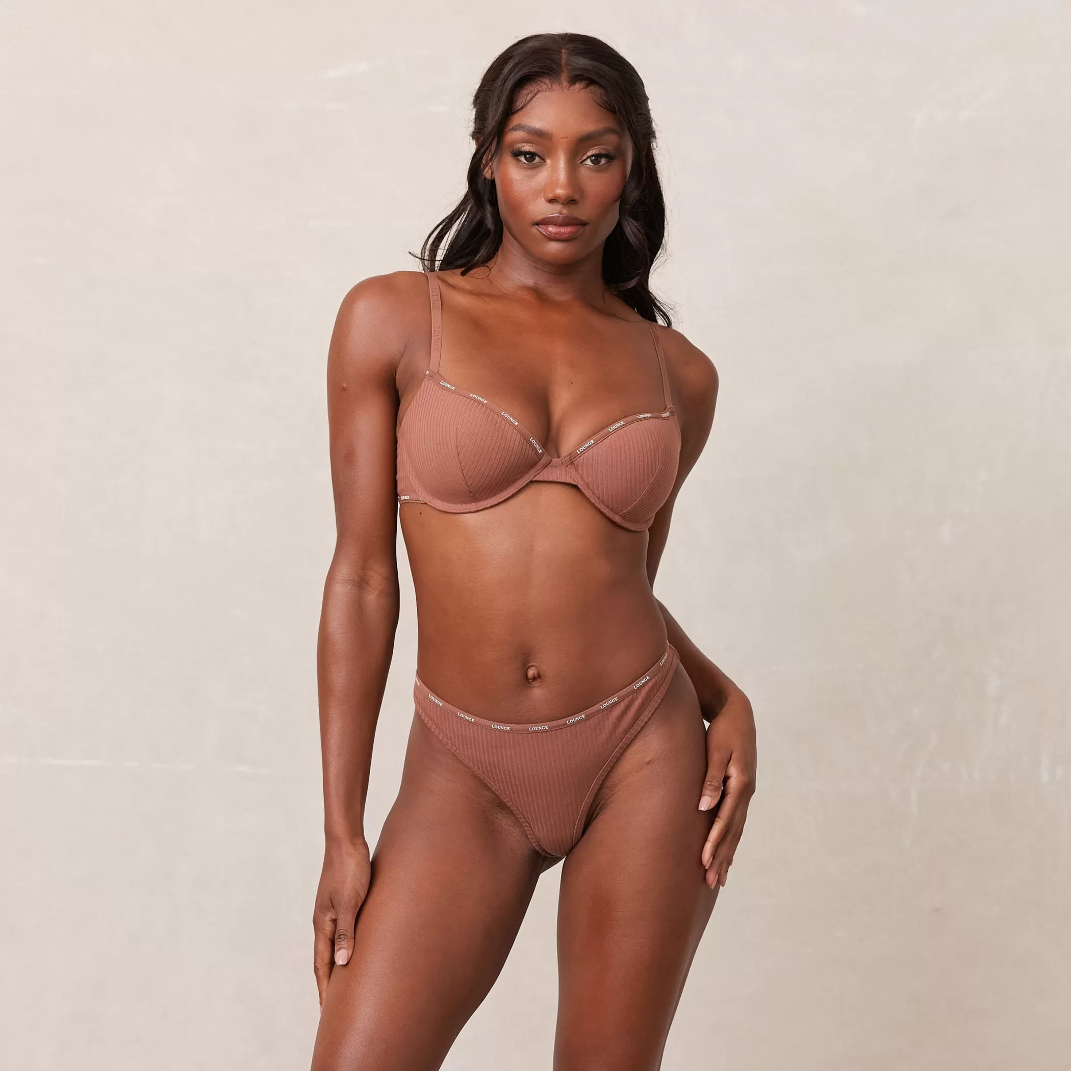 Bras | Lounge So Soft Ribbed T-Shirt Bra & Thong Set - Mocha
