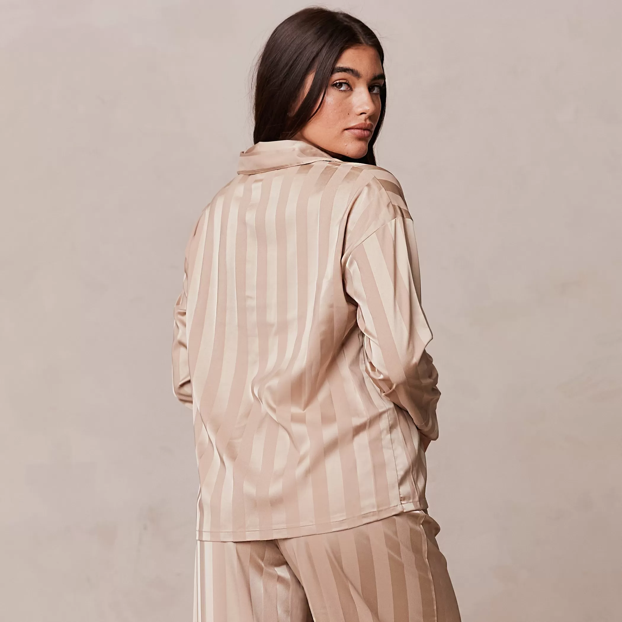 Satin | Tops | Lounge Striped Satin Pajama Shirt - Mink