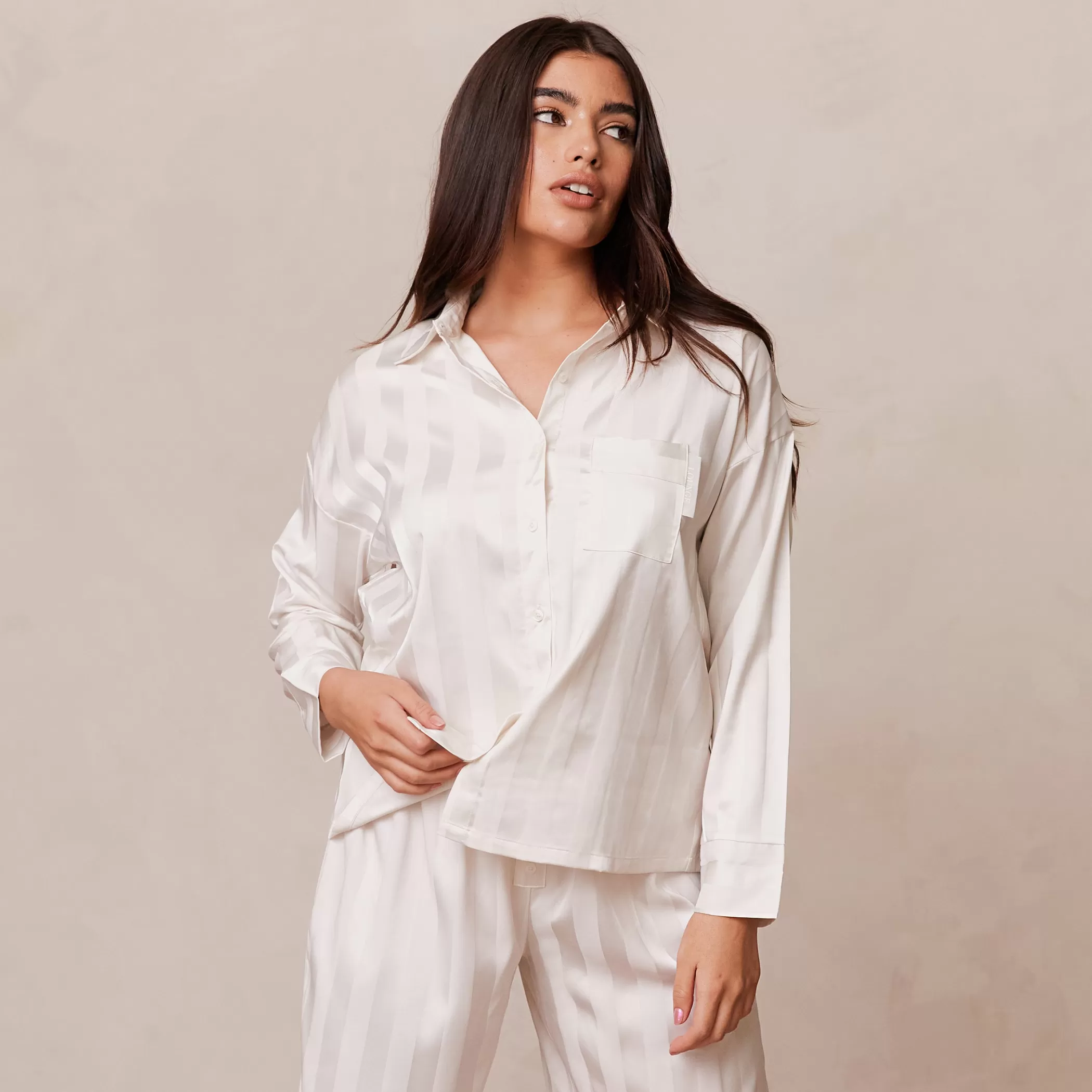 Satin | Tops | Lounge Striped Satin Pajama Shirt - Pearl