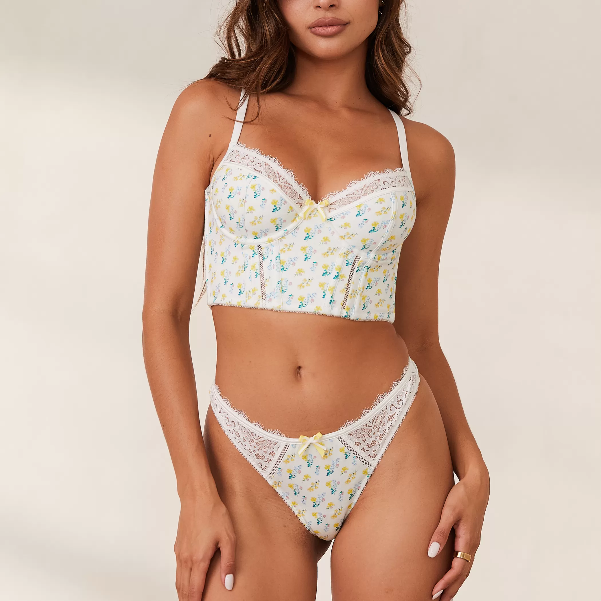 Longlines | Wired | Lounge Sweet Longline Bra & Thong Set - White Floral WhiteFloral