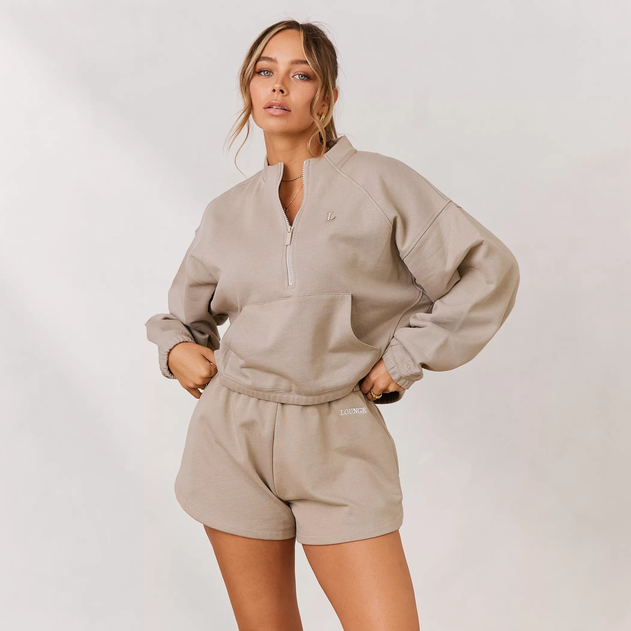 Clothing | Lounge Varsity Quarter Zip Sweater - Oat